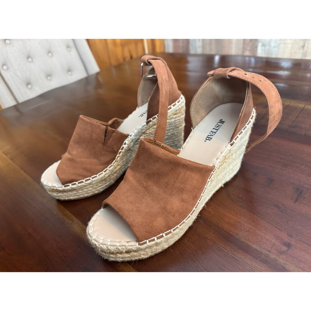 JustFab Espadrille Wedge Brown Peep Toe Sandals Size 9